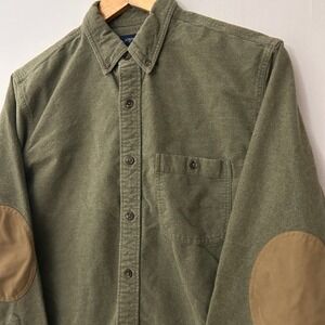 J.Crew Mens M Olive Green Chamois Flannel Button Down Shirt Elbow Patches Casual